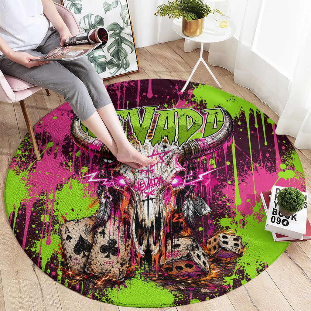 Nevada Area 51 Bull Skull Alien UFO Round Carpet Vibrant Pink Lime Paint Drip Graffiti Street Art Style