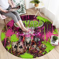 Nevada Area 51 Bull Skull Alien UFO Round Carpet Vibrant Pink Lime Paint Drip Graffiti Street Art Style