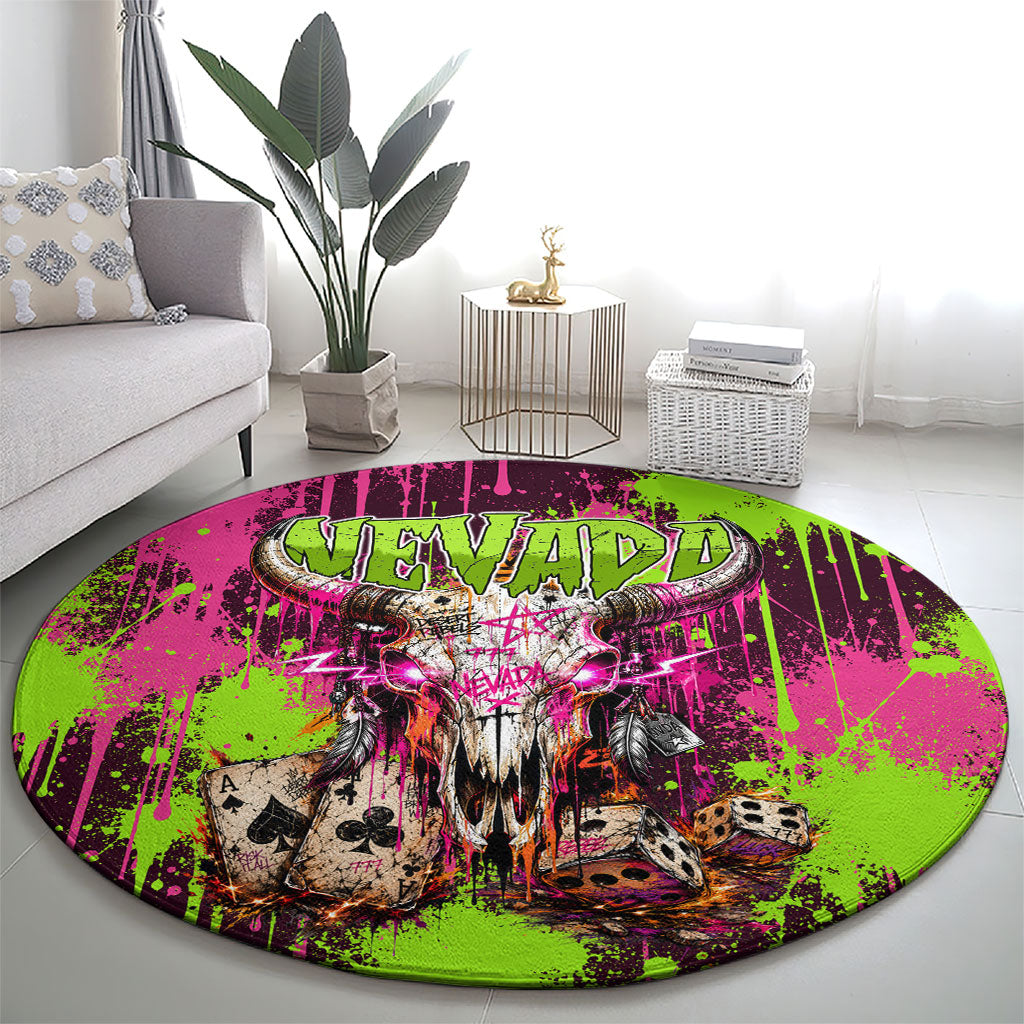 Nevada Area 51 Bull Skull Alien UFO Round Carpet Vibrant Pink Lime Paint Drip Graffiti Street Art Style