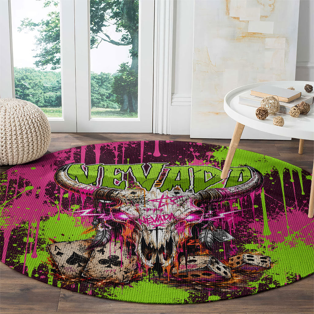 Nevada Area 51 Bull Skull Alien UFO Round Carpet Vibrant Pink Lime Paint Drip Graffiti Street Art Style