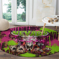 Nevada Area 51 Bull Skull Alien UFO Round Carpet Vibrant Pink Lime Paint Drip Graffiti Street Art Style