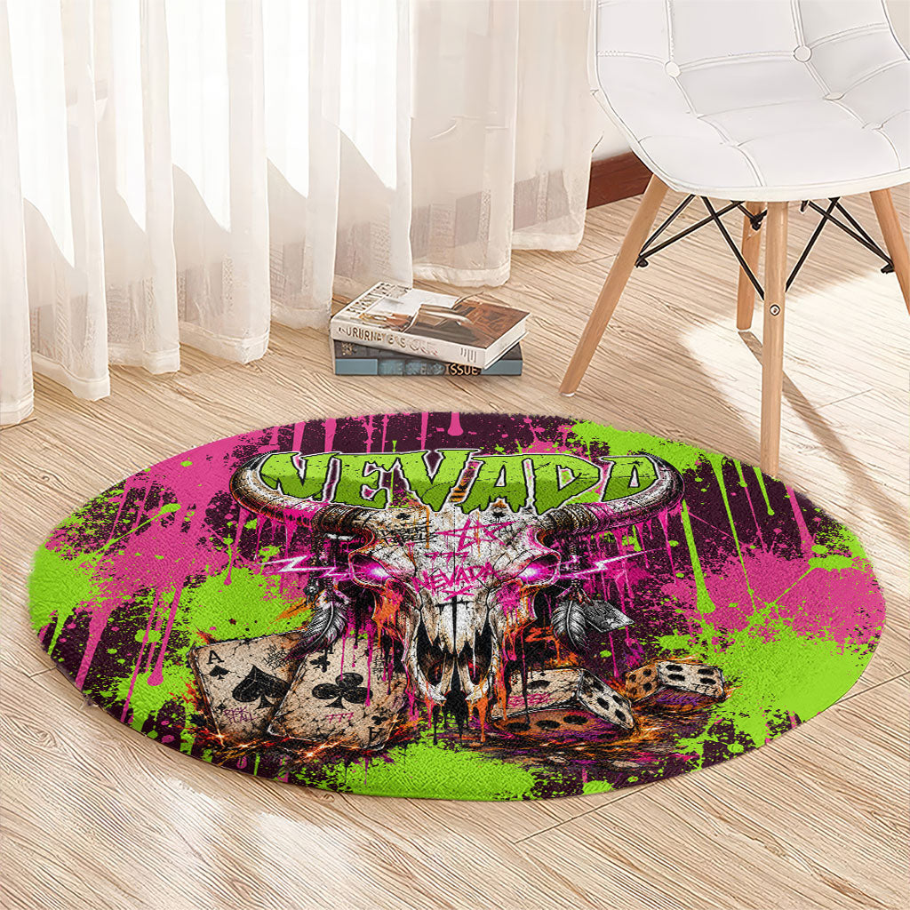 Nevada Area 51 Bull Skull Alien UFO Round Carpet Vibrant Pink Lime Paint Drip Graffiti Street Art Style