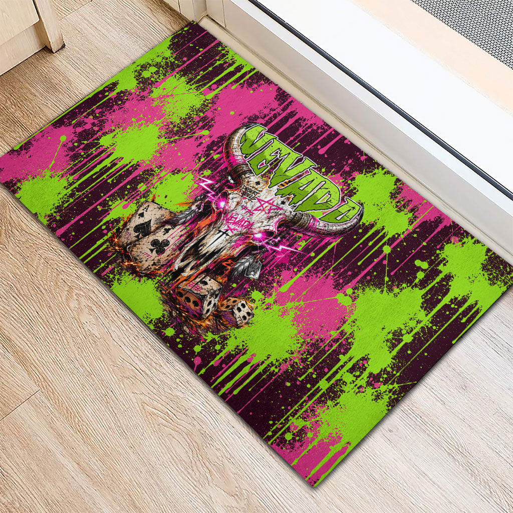 Nevada Area 51 Bull Skull Alien UFO Rubber Doormat Vibrant Pink Lime Paint Drip Graffiti Street Art Style