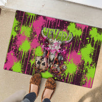 Nevada Area 51 Bull Skull Alien UFO Rubber Doormat Vibrant Pink Lime Paint Drip Graffiti Street Art Style
