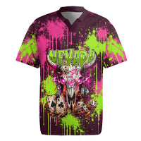 Nevada Area 51 Bull Skull Alien UFO Rugby Jersey Vibrant Pink Lime Paint Drip Graffiti Street Art Style