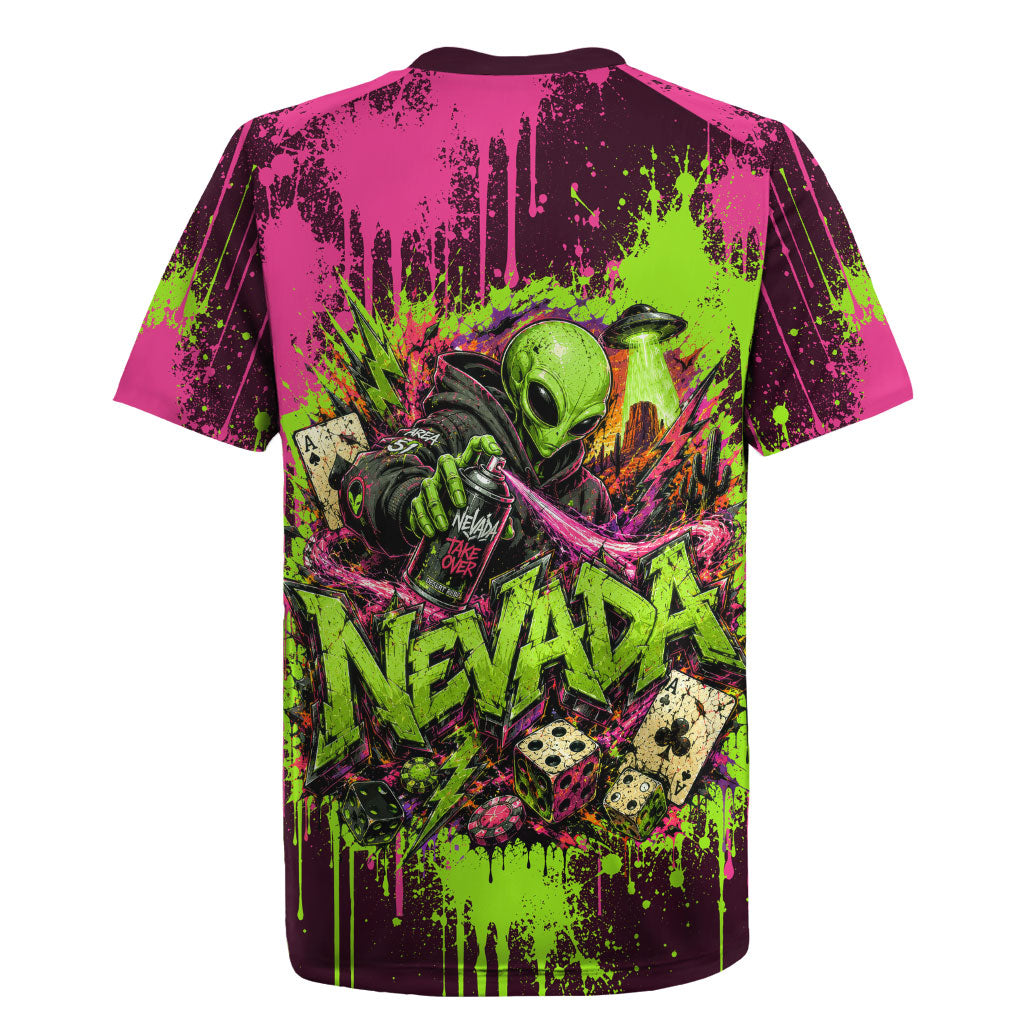 Nevada Area 51 Bull Skull Alien UFO Rugby Jersey Vibrant Pink Lime Paint Drip Graffiti Street Art Style