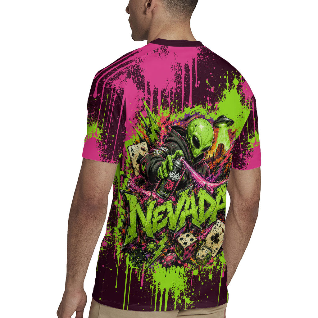 Nevada Area 51 Bull Skull Alien UFO Rugby Jersey Vibrant Pink Lime Paint Drip Graffiti Street Art Style