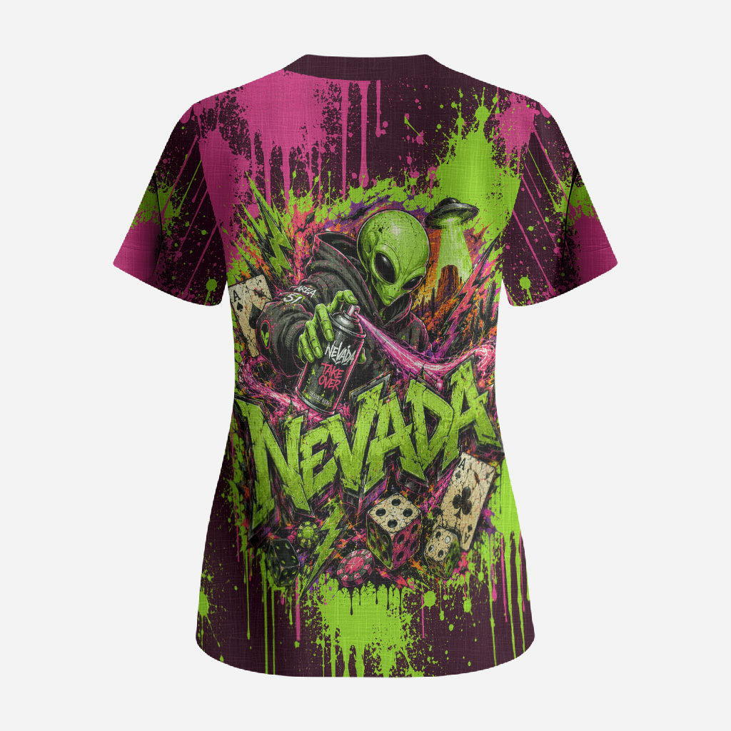 Nevada Area 51 Bull Skull Alien UFO Scrub Top Vibrant Pink Lime Paint Drip Graffiti Street Art Style