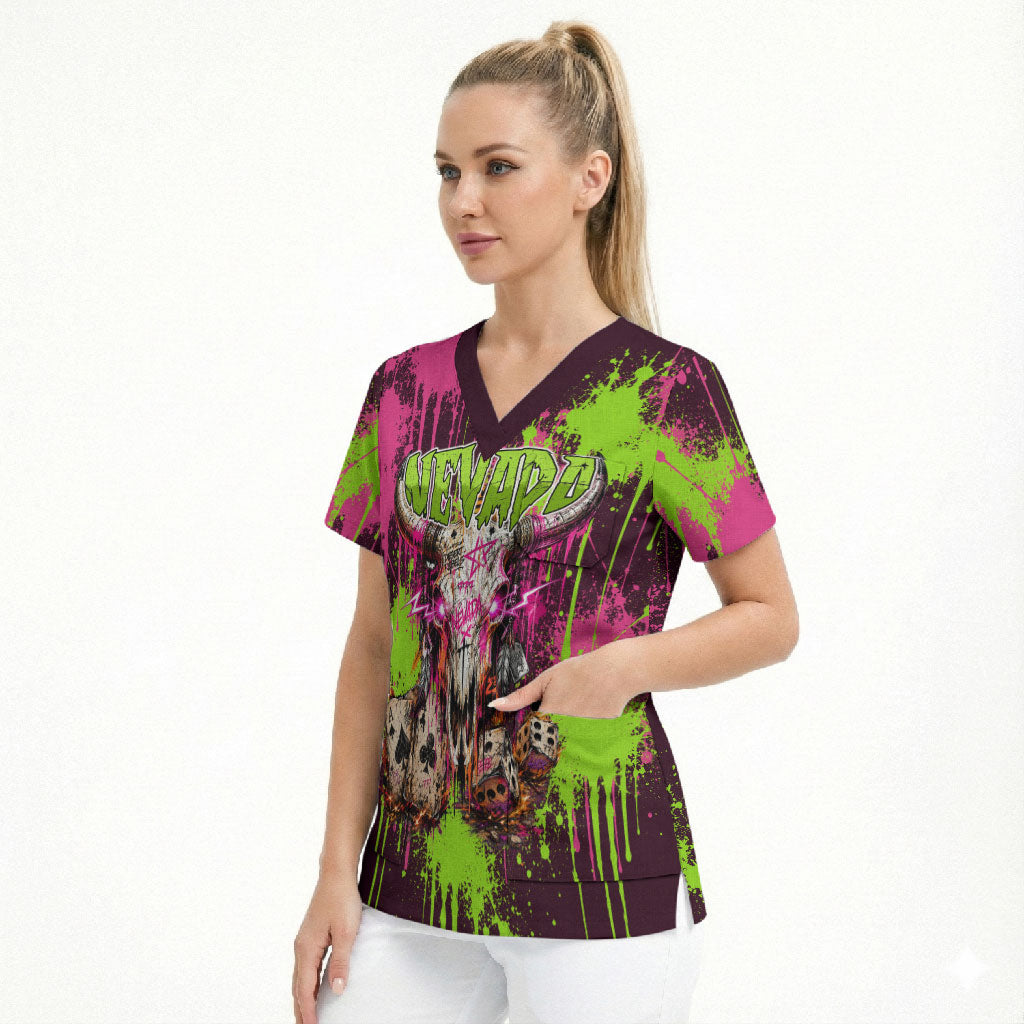 Nevada Area 51 Bull Skull Alien UFO Scrub Top Vibrant Pink Lime Paint Drip Graffiti Street Art Style