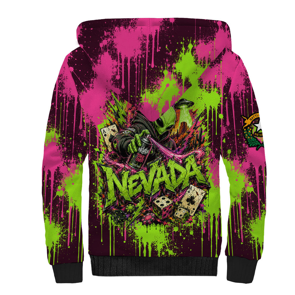 Nevada Area 51 Bull Skull Alien UFO Sherpa Hoodie Vibrant Pink Lime Paint Drip Graffiti Street Art Style