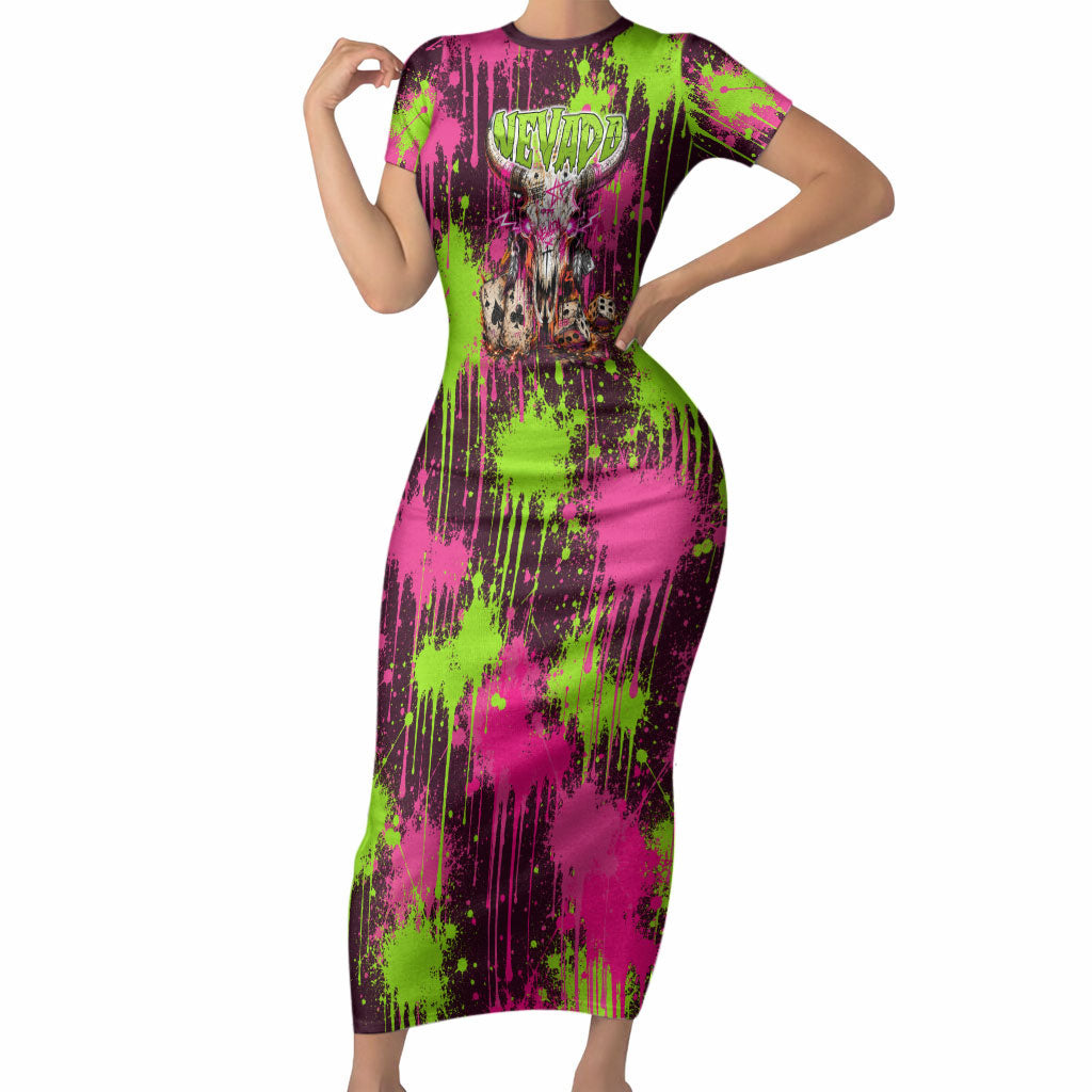 Nevada Area 51 Bull Skull Alien UFO Short Sleeve Bodycon Dress Vibrant Pink Lime Paint Drip Graffiti Street Art Style