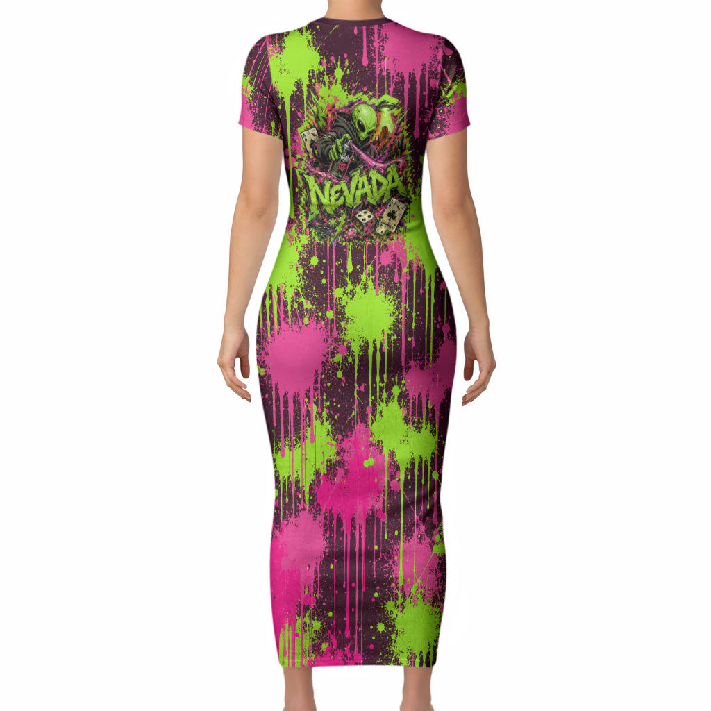Nevada Area 51 Bull Skull Alien UFO Short Sleeve Bodycon Dress Vibrant Pink Lime Paint Drip Graffiti Street Art Style