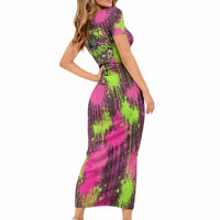 Nevada Area 51 Bull Skull Alien UFO Short Sleeve Bodycon Dress Vibrant Pink Lime Paint Drip Graffiti Street Art Style