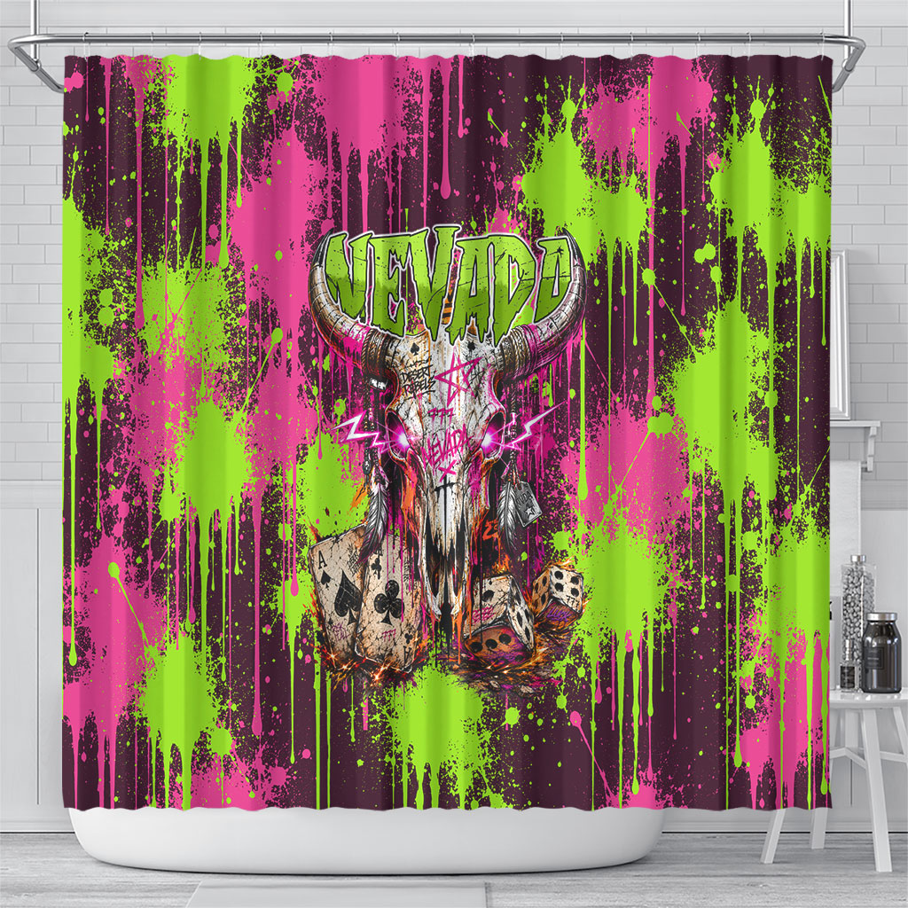 Nevada Area 51 Bull Skull Alien UFO Shower Curtain Vibrant Pink Lime Paint Drip Graffiti Street Art Style