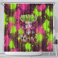 Nevada Area 51 Bull Skull Alien UFO Shower Curtain Vibrant Pink Lime Paint Drip Graffiti Street Art Style