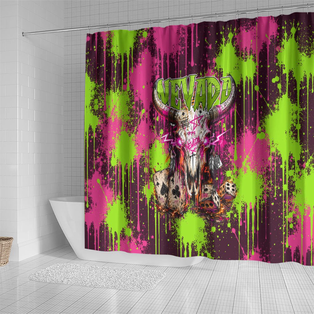 Nevada Area 51 Bull Skull Alien UFO Shower Curtain Vibrant Pink Lime Paint Drip Graffiti Street Art Style