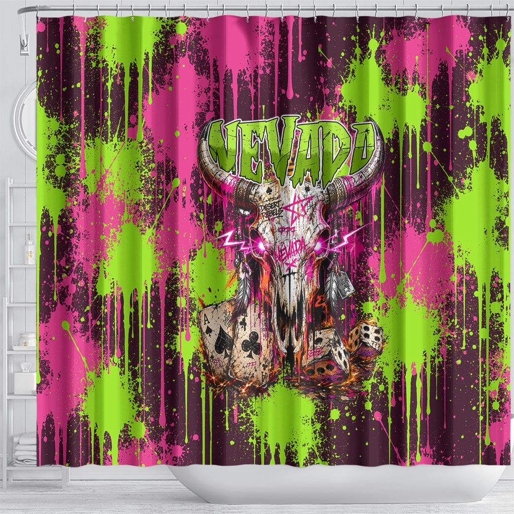 Nevada Area 51 Bull Skull Alien UFO Shower Curtain Vibrant Pink Lime Paint Drip Graffiti Street Art Style