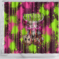 Nevada Area 51 Bull Skull Alien UFO Shower Curtain Vibrant Pink Lime Paint Drip Graffiti Street Art Style