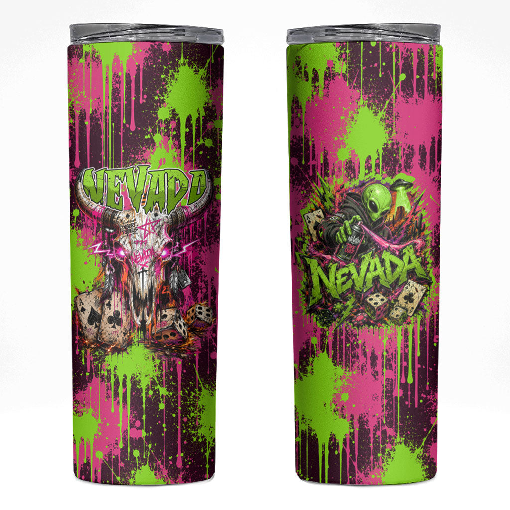 Nevada Area 51 Bull Skull Alien UFO Skinny Tumbler Vibrant Pink Lime Paint Drip Graffiti Street Art Style