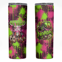 Nevada Area 51 Bull Skull Alien UFO Skinny Tumbler Vibrant Pink Lime Paint Drip Graffiti Street Art Style
