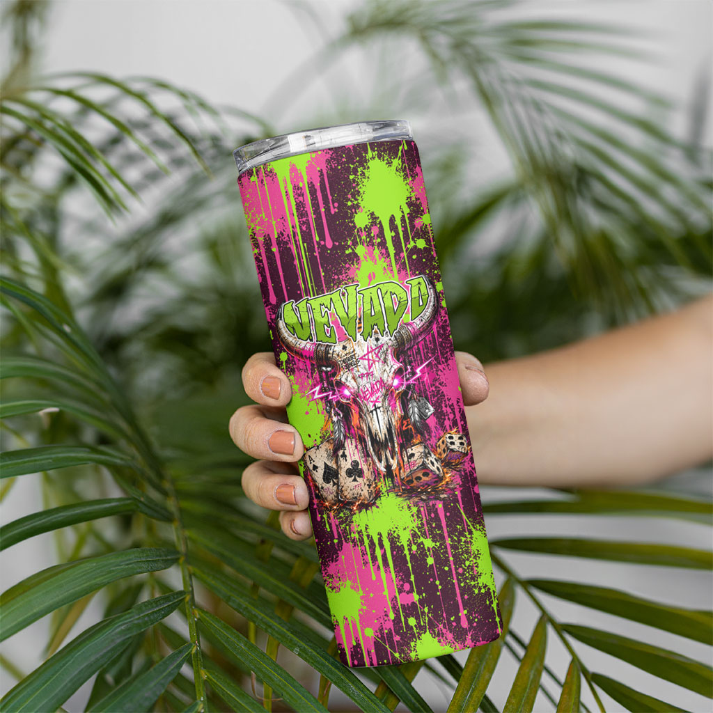 Nevada Area 51 Bull Skull Alien UFO Skinny Tumbler Vibrant Pink Lime Paint Drip Graffiti Street Art Style