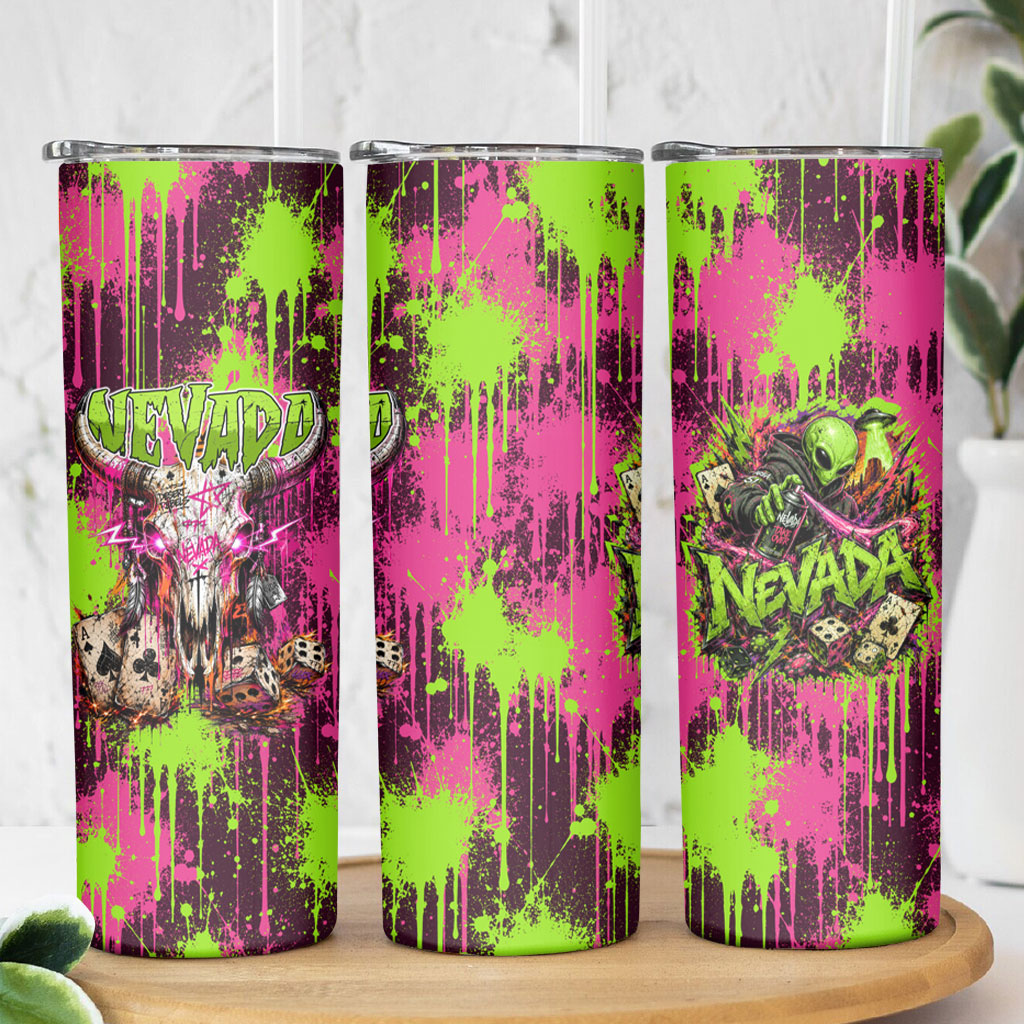 Nevada Area 51 Bull Skull Alien UFO Skinny Tumbler Vibrant Pink Lime Paint Drip Graffiti Street Art Style