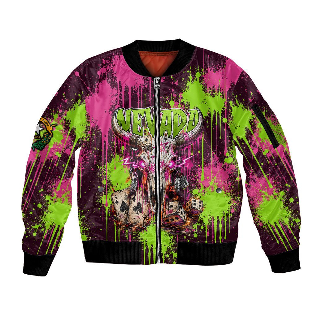 Nevada Area 51 Bull Skull Alien UFO Sleeve Zip Bomber Jacket Vibrant Pink Lime Paint Drip Graffiti Street Art Style