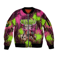 Nevada Area 51 Bull Skull Alien UFO Sleeve Zip Bomber Jacket Vibrant Pink Lime Paint Drip Graffiti Street Art Style