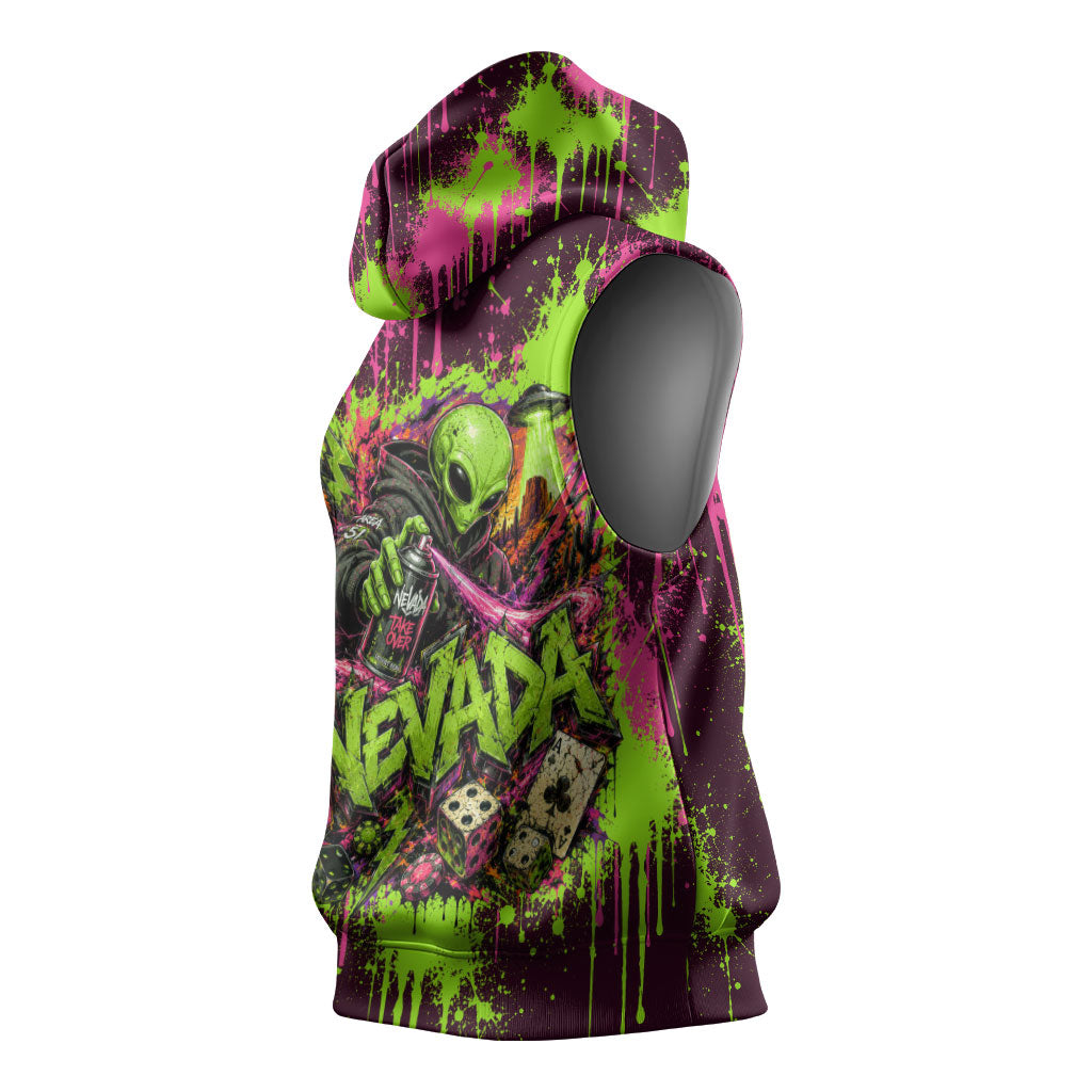 Nevada Area 51 Bull Skull Alien UFO Sleeveless Hoodie Vibrant Pink Lime Paint Drip Graffiti Street Art Style