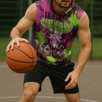 Nevada Area 51 Bull Skull Alien UFO Sleeveless Hoodie Vibrant Pink Lime Paint Drip Graffiti Street Art Style