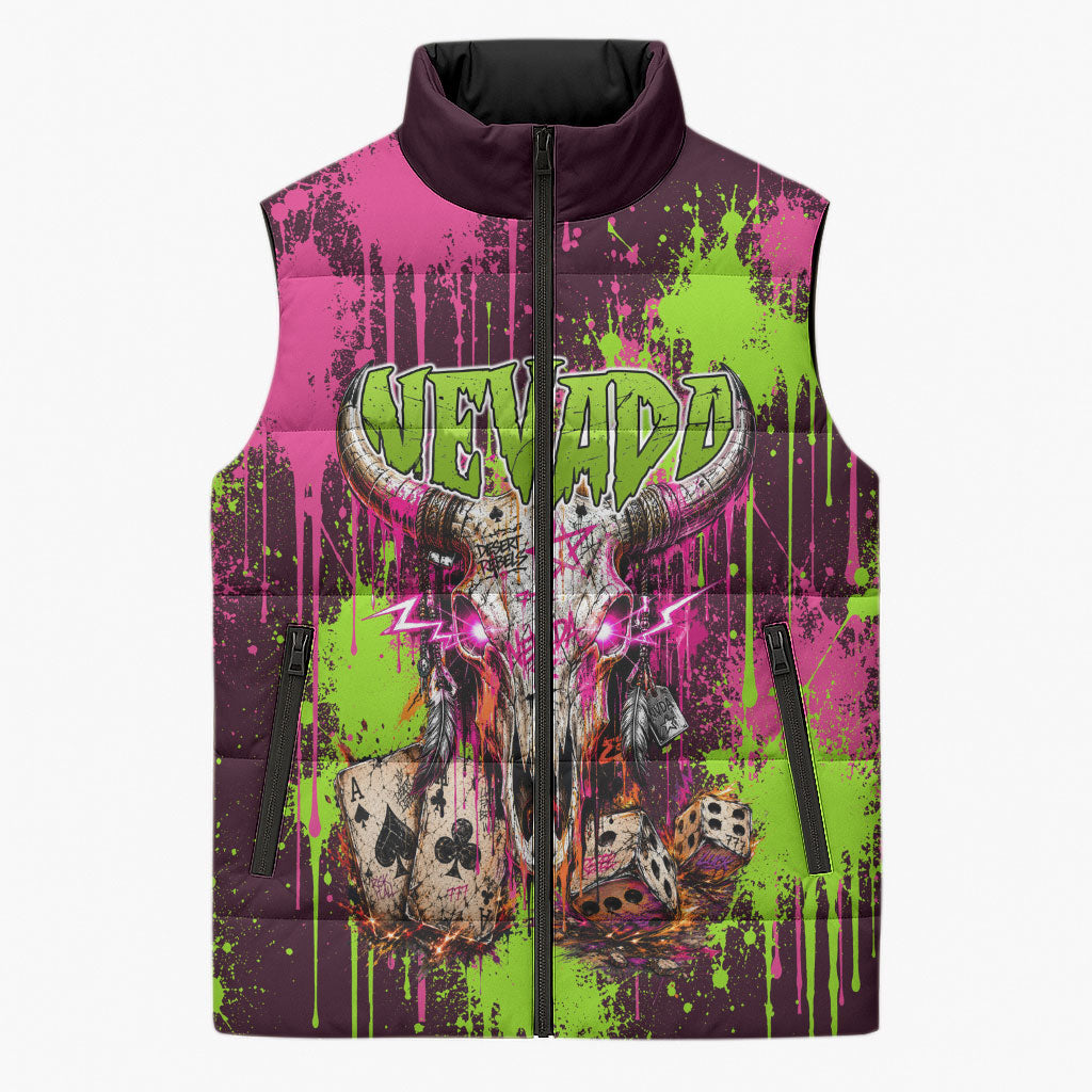 Nevada Area 51 Bull Skull Alien UFO Sleeveless Puffer Jacket Vibrant Pink Lime Paint Drip Graffiti Street Art Style