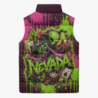 Nevada Area 51 Bull Skull Alien UFO Sleeveless Puffer Jacket Vibrant Pink Lime Paint Drip Graffiti Street Art Style