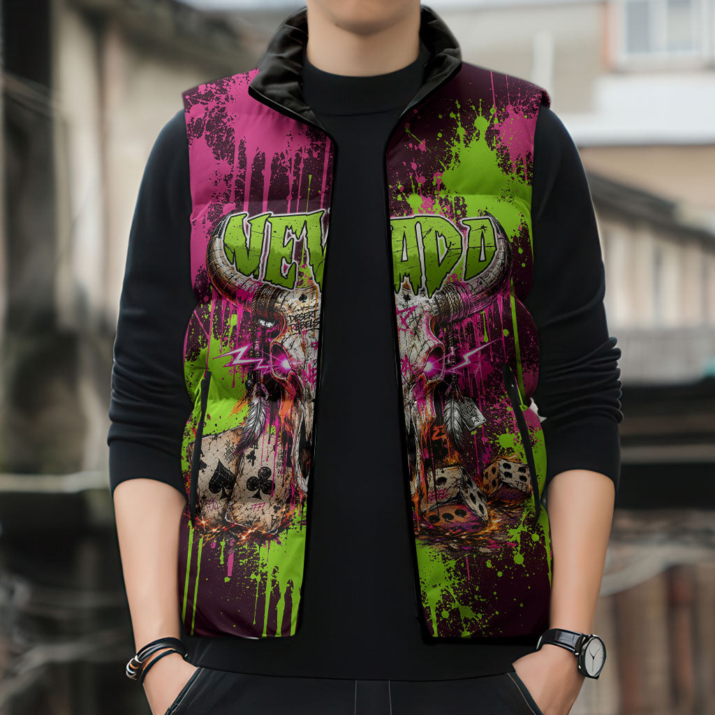 Nevada Area 51 Bull Skull Alien UFO Sleeveless Puffer Jacket Vibrant Pink Lime Paint Drip Graffiti Street Art Style