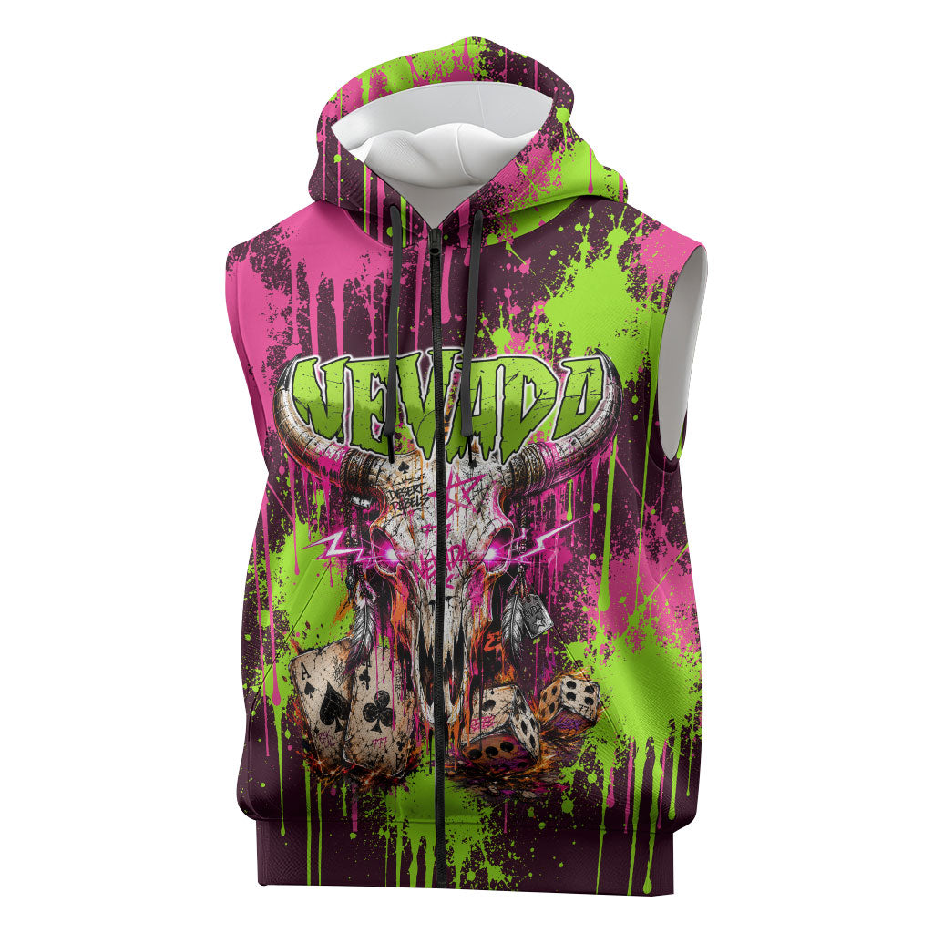 Nevada Area 51 Bull Skull Alien UFO Sleeveless Zip Hoodie Vibrant Pink Lime Paint Drip Graffiti Street Art Style