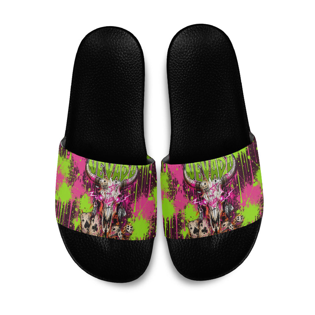 Nevada Area 51 Bull Skull Alien UFO Slide Sandals Vibrant Pink Lime Paint Drip Graffiti Street Art Style