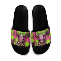 Nevada Area 51 Bull Skull Alien UFO Slide Sandals Vibrant Pink Lime Paint Drip Graffiti Street Art Style