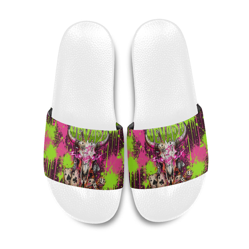 Nevada Area 51 Bull Skull Alien UFO Slide Sandals Vibrant Pink Lime Paint Drip Graffiti Street Art Style