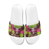 Nevada Area 51 Bull Skull Alien UFO Slide Sandals Vibrant Pink Lime Paint Drip Graffiti Street Art Style