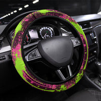 Nevada Area 51 Bull Skull Alien UFO Steering Wheel Cover Vibrant Pink Lime Paint Drip Graffiti Street Art Style