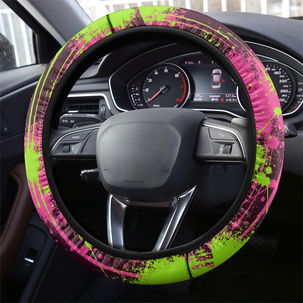 Nevada Area 51 Bull Skull Alien UFO Steering Wheel Cover Vibrant Pink Lime Paint Drip Graffiti Street Art Style