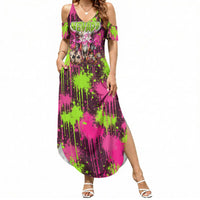 Nevada Area 51 Bull Skull Alien UFO Summer Maxi Dress Vibrant Pink Lime Paint Drip Graffiti Street Art Style
