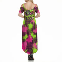 Nevada Area 51 Bull Skull Alien UFO Summer Maxi Dress Vibrant Pink Lime Paint Drip Graffiti Street Art Style