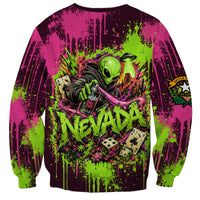 Nevada Area 51 Bull Skull Alien UFO Sweatshirt Vibrant Pink Lime Paint Drip Graffiti Street Art Style