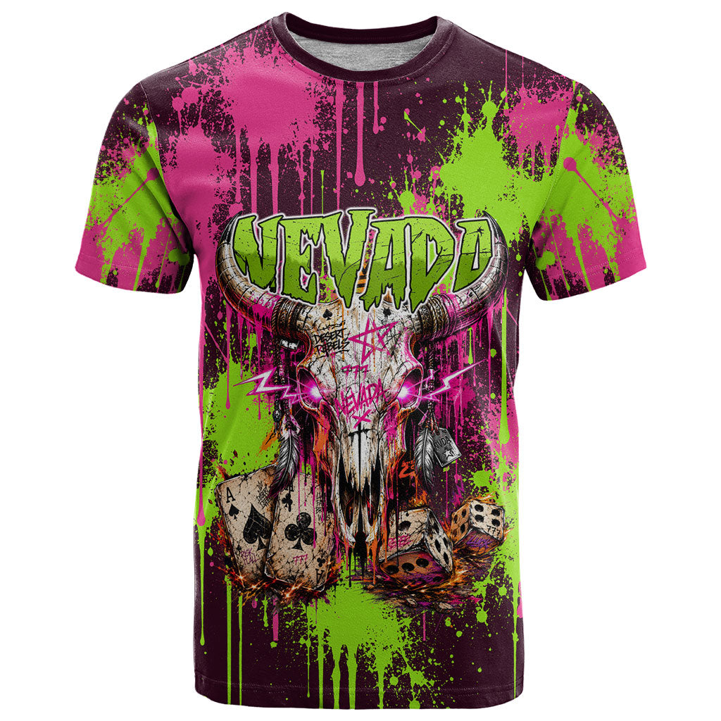 Nevada Area 51 Bull Skull Alien UFO T Shirt Vibrant Pink Lime Paint Drip Graffiti Street Art Style