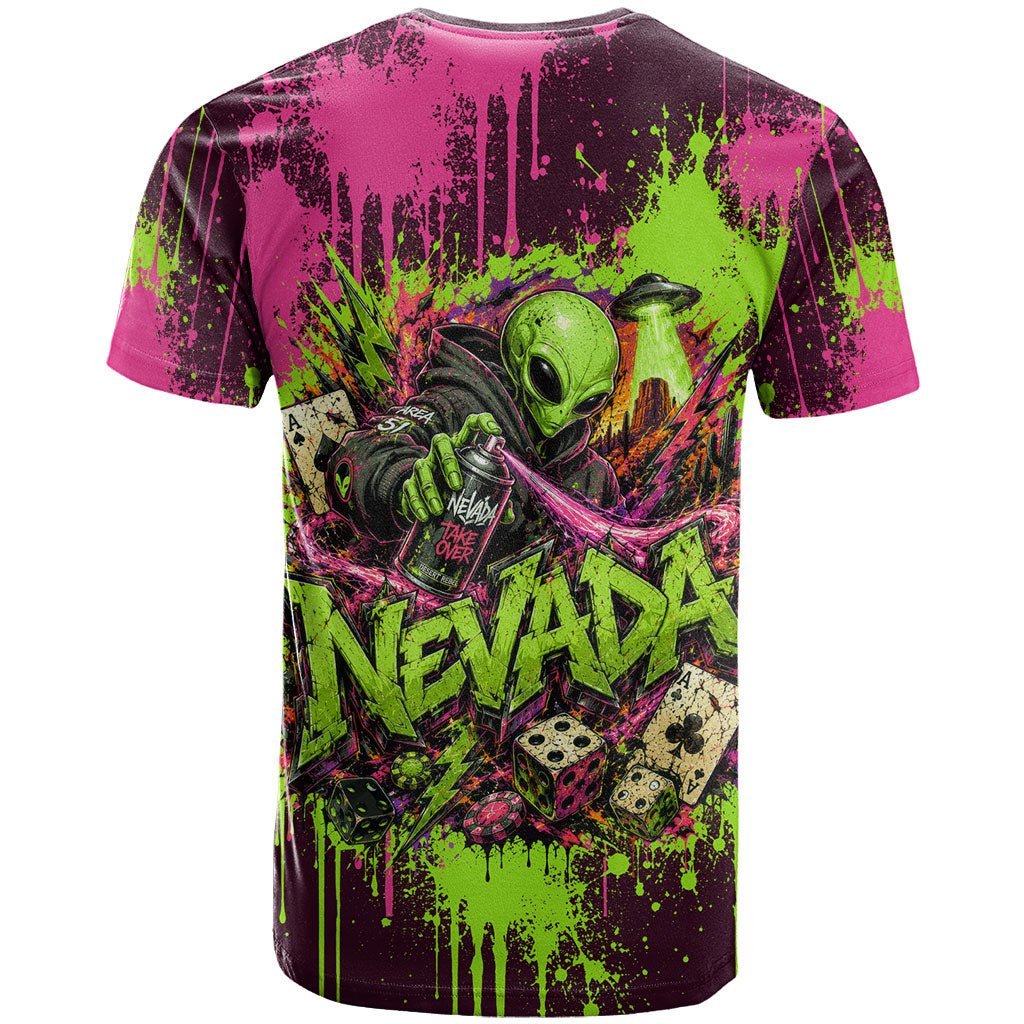 Nevada Area 51 Bull Skull Alien UFO T Shirt Vibrant Pink Lime Paint Drip Graffiti Street Art Style
