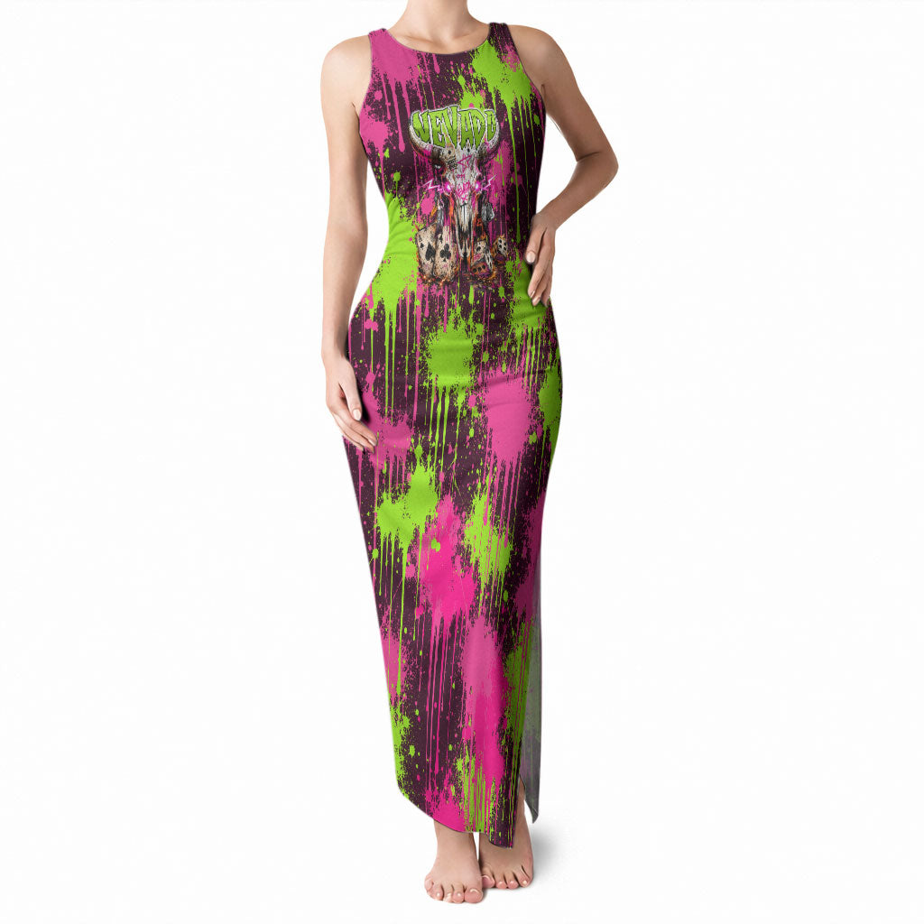 Nevada Area 51 Bull Skull Alien UFO Tank Maxi Dress Vibrant Pink Lime Paint Drip Graffiti Street Art Style