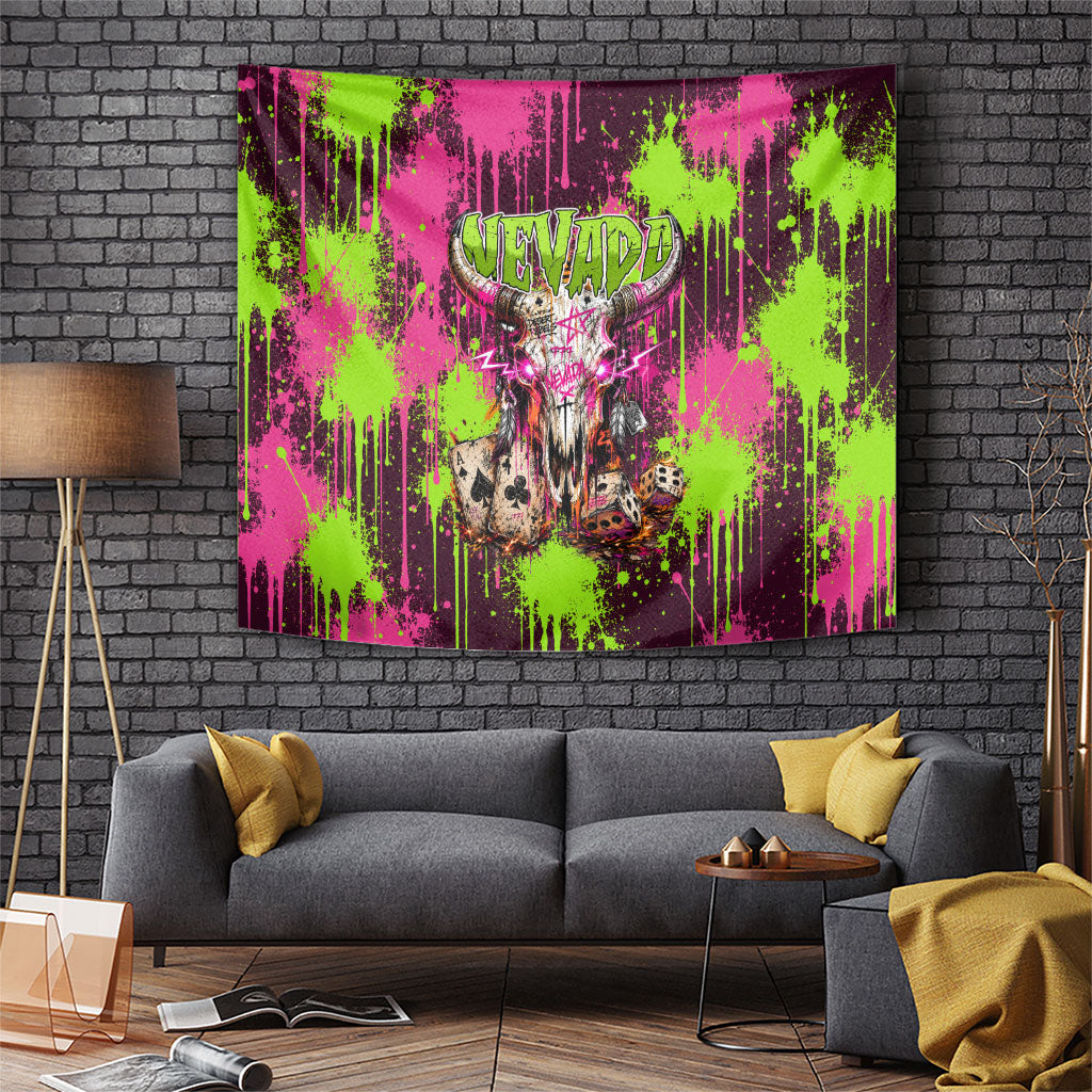 Nevada Area 51 Bull Skull Alien UFO Tapestry Vibrant Pink Lime Paint Drip Graffiti Street Art Style