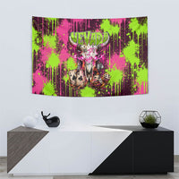Nevada Area 51 Bull Skull Alien UFO Tapestry Vibrant Pink Lime Paint Drip Graffiti Street Art Style