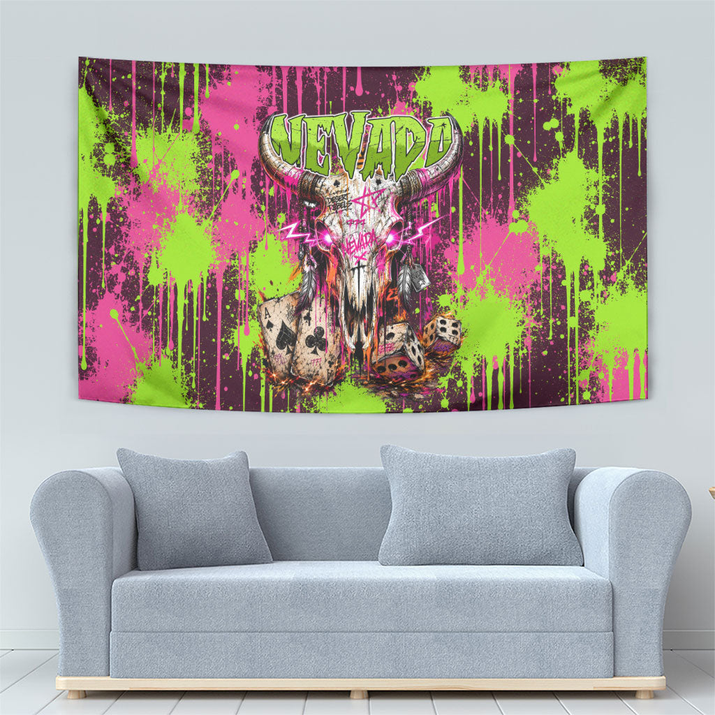 Nevada Area 51 Bull Skull Alien UFO Tapestry Vibrant Pink Lime Paint Drip Graffiti Street Art Style