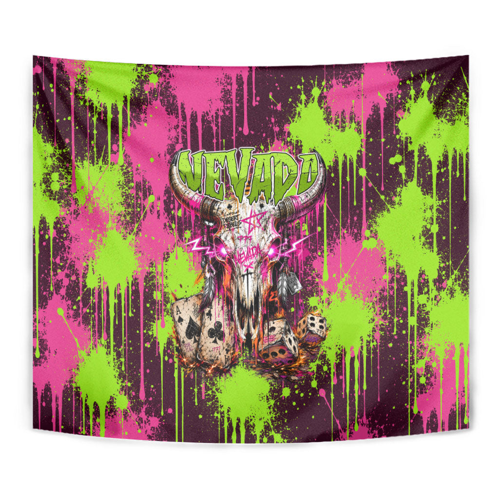 Nevada Area 51 Bull Skull Alien UFO Tapestry Vibrant Pink Lime Paint Drip Graffiti Street Art Style